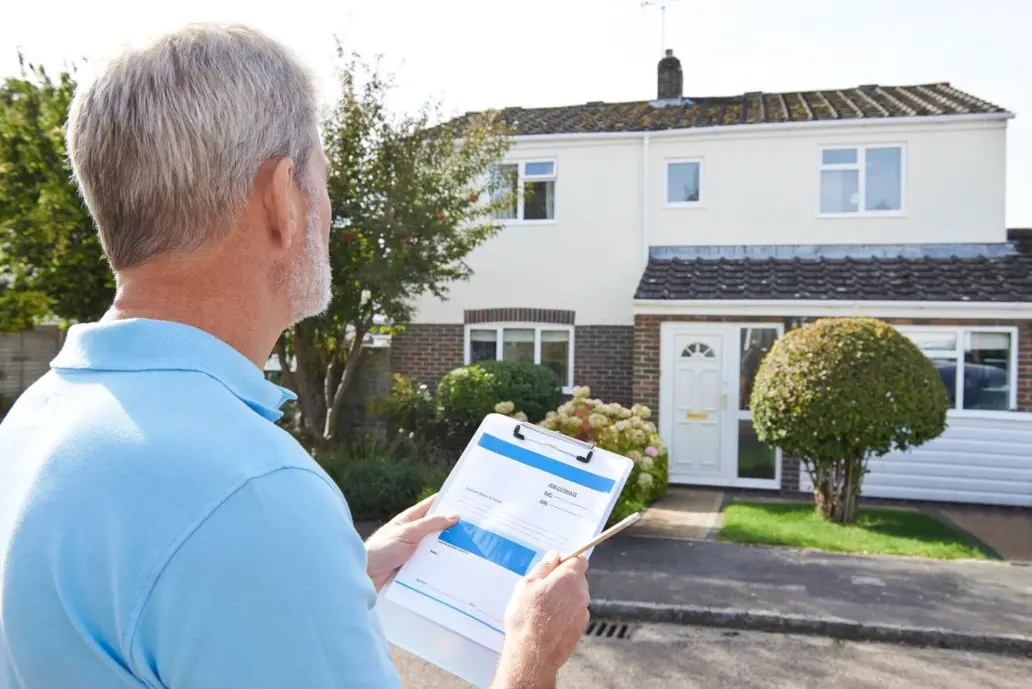 A man holding a clipboard in front of a house.