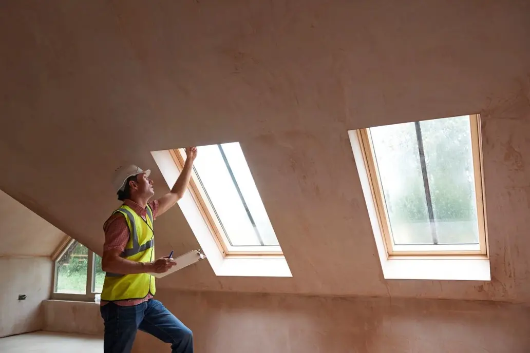 A woman in yellow vest holding up a window.